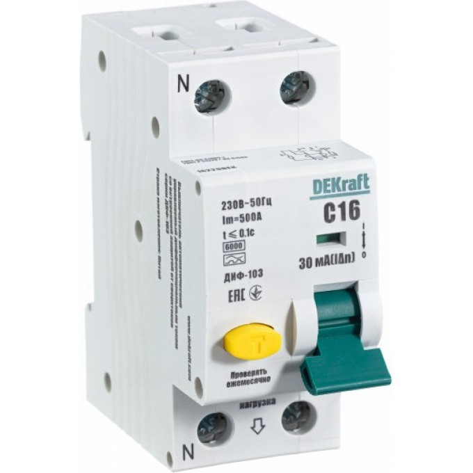 Дифференциальный автоматический выключатель SCHNEIDER ELECTRIC DEKRAFT 1Р+N 16А 30мА тип A х-ка С ДИФ-103 6кА 16229DEK Дифференциальный автоматический выключатель SCHNEIDER ELECTRIC DEKRAFT 1Р+N 16А 30мА тип A х-ка С ДИФ-103 6кА 16229DEK