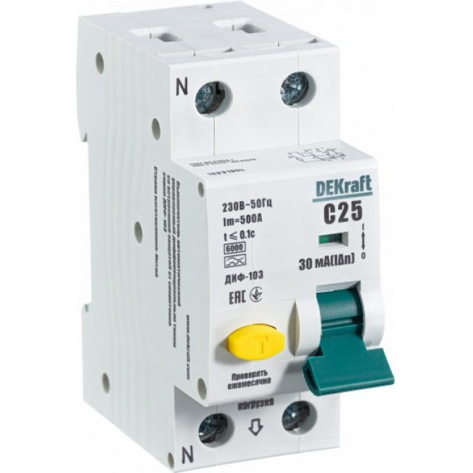 Дифференциальный автоматический выключатель SCHNEIDER ELECTRIC DEKRAFT 1Р+N 25А 30мА тип A х-ка С ДИФ-103 6кА 16231DEK Дифференциальный автоматический выключатель SCHNEIDER ELECTRIC DEKRAFT 1Р+N 25А 30мА тип A х-ка С ДИФ-103 6кА 16231DEK