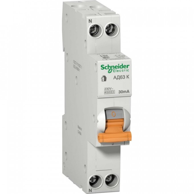 Автоматический выключатель дифференциального тока SCHNEIDER ELECTRIC ДОМОВОЙ АД63 К 1П+Н 6A 30MA 4,5кА C АС, 18 мм 12478 Автоматический выключатель дифференциального тока SCHNEIDER ELECTRIC ДОМОВОЙ АД63 К 1П+Н 6A 30MA 4,5кА C АС, 18 мм 12478