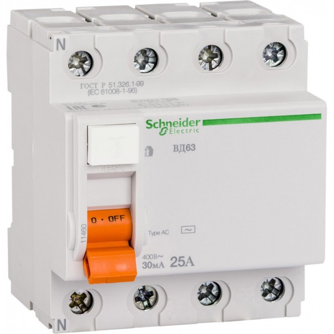 Дифференциальный выключатель нагрузки SCHNEIDER ELECTRIC ДОМОВОЙ ВД63 4П 25A 30MA АС, Испания 11460 Дифференциальный выключатель нагрузки SCHNEIDER ELECTRIC ДОМОВОЙ ВД63 4П 25A 30MA АС, Испания 11460