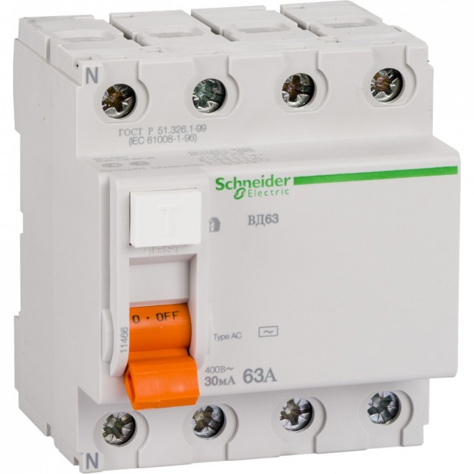 Дифференциальный выключатель нагрузки SCHNEIDER ELECTRIC ДОМОВОЙ ВД63 4П 63A 30MA АС, Испания 11466 Дифференциальный выключатель нагрузки SCHNEIDER ELECTRIC ДОМОВОЙ ВД63 4П 63A 30MA АС, Испания 11466