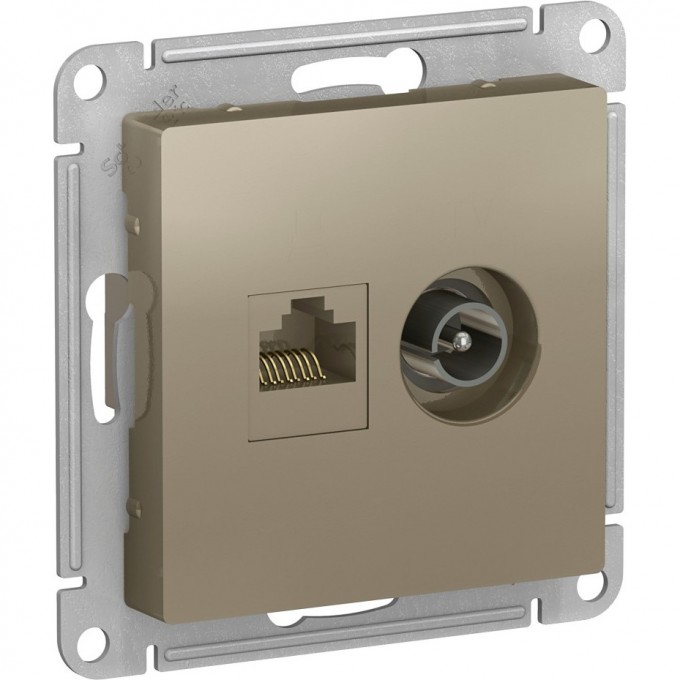 Розетка двойная SCHNEIDER ELECTRIC ATLASDESIGN ТВ + компьютерная RJ45, кат. 5Е, шампань ATN000589 Розетка двойная SCHNEIDER ELECTRIC ATLASDESIGN ТВ + компьютерная RJ45, кат. 5Е, шампань ATN000589