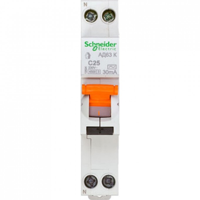 Автоматический выключатель дифференциального тока SCHNEIDER ELECTRIC ДОМОВОЙ АД63 К 1П+Н 25A 30MA 4,5кА C АС, 18 мм 12524 Автоматический выключатель дифференциального тока SCHNEIDER ELECTRIC ДОМОВОЙ АД63 К 1П+Н 25A 30MA 4,5кА C АС, 18 мм 12524