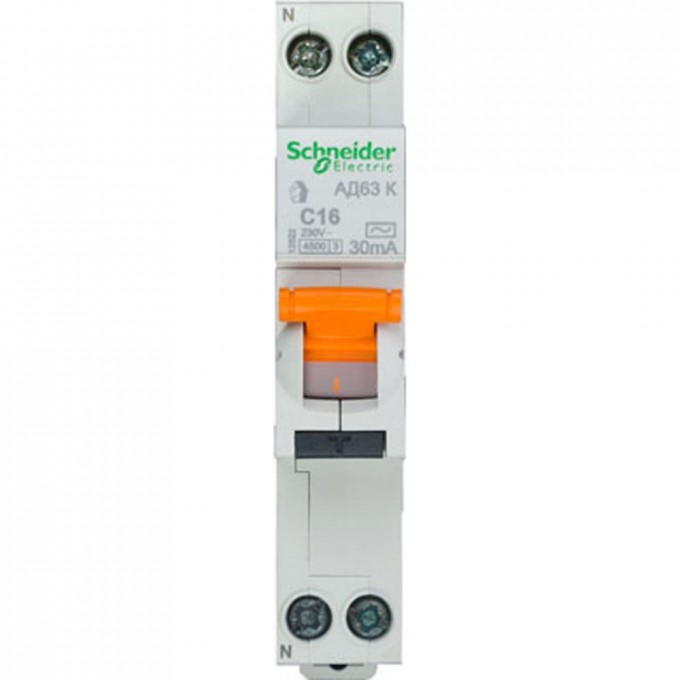Автоматический выключатель дифференциального тока SCHNEIDER ELECTRIC ДОМОВОЙ АД63 К 1П+Н 16A 30MA 4,5кА C АС, 18 мм 12522 Автоматический выключатель дифференциального тока SCHNEIDER ELECTRIC ДОМОВОЙ АД63 К 1П+Н 16A 30MA 4,5кА C АС, 18 мм 12522